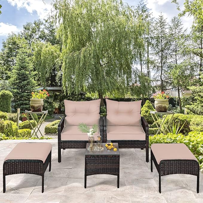 HAPPYGRILL 5-Piece Patio Furniture Set Outdoor Rattan Wicker Conversation Set with Coffee Table Cushioned Sofas and Ottoman Chat Set for Garden Backyard