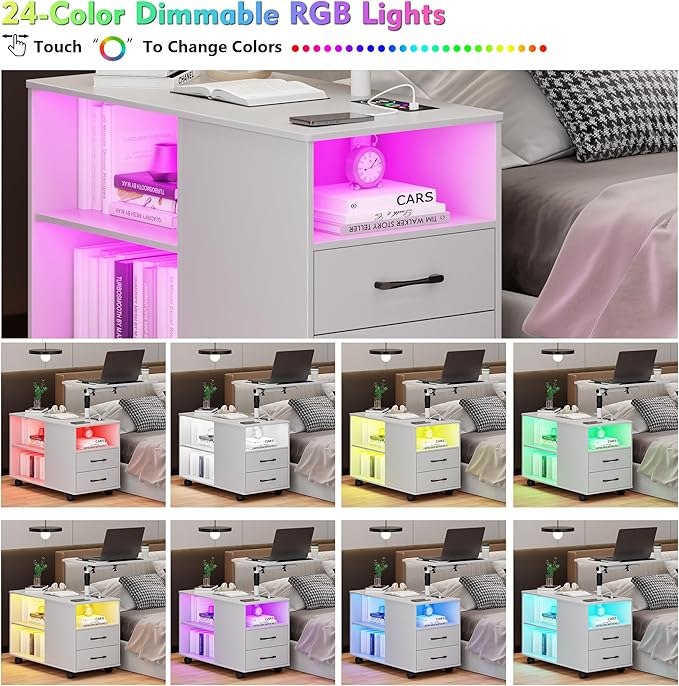 Gurexl 360° LED Nightstand with Wireless Charging Station for Bedroom, Movable Adjustable Bedside Table with Laptop Tray, Auto Sensor End Table with 24 Color Dimmable -White - Image 6