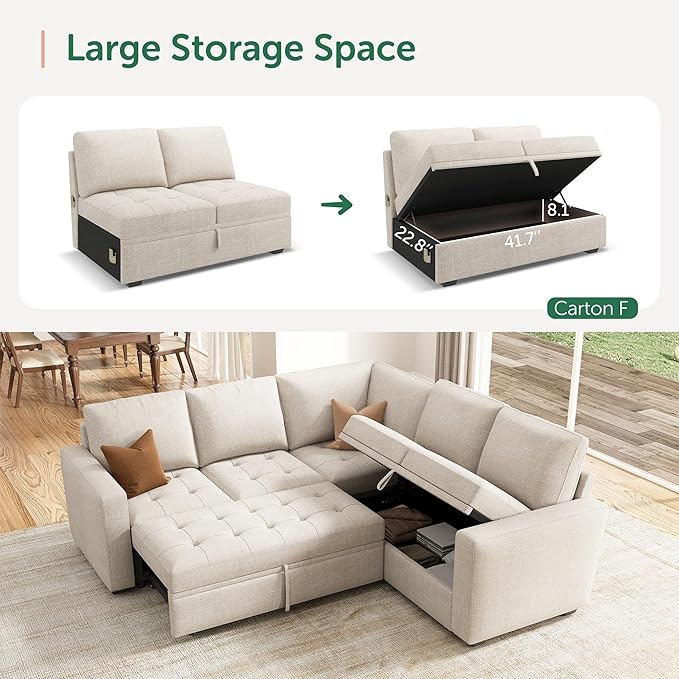 HONBAY Modular Sectional Sofa with Pull Out Bed Convertible L Shaped Couch with Storage Seat Sleeper Sectional Couches for Living Room,Mid Beige