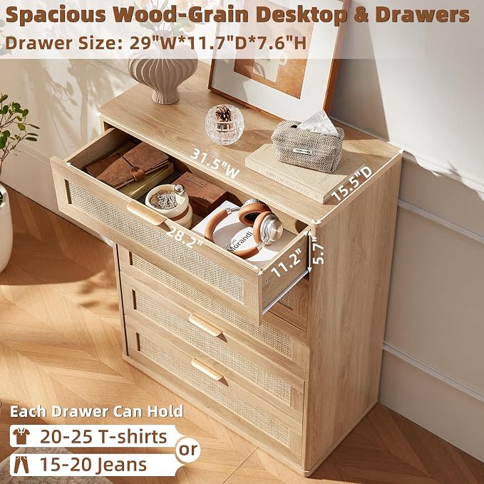 LEYAOYAO Rattan Dresser for Bedroom Set 2, 41" Tall Chest of Drawers, Modern 5 Drawers Boho Dressers with Storage, Light Oak Dresser Wooden Closet Organizer for Living Room, Hallway, Natural Wood - Image 5
