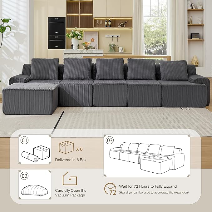 Modular Sectional Sofa, 6 Seat Modular Couch, Modular Sofa with Deep Seat and Detachable Pillow (Grey, 6 Pieces-L Shape)