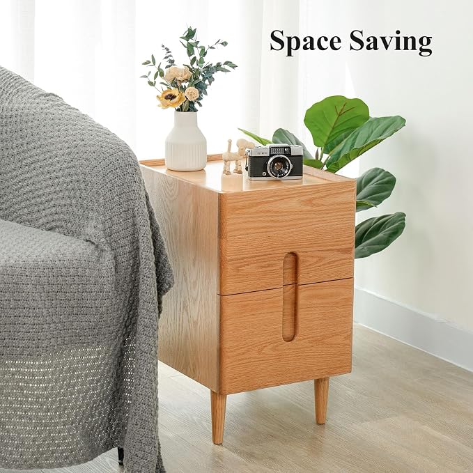 Narrow Nightstand, Mid Century Modern Nightstand, Solid Wood Bedside Table, Side Table witn Drawers (Natural, 11.81inches) - Image 7
