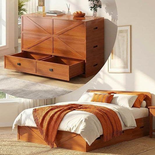 CECER Full Size Murphy Bed with Mattress Include，Murphy Bed Full with Storage Drawers，Multi-Functional Desgin that Converts to Sofa Set for Small Spaces/Guest Room/Bedroom（Maroon）