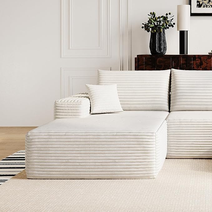 107" Corduroy Couch with Ottoman, Cloud Sectional U Shaped Sofa, Deep Seat Boneless Couches for Living Room Bedroom Apartment, Compressed Foam No Assembly Required, Left Facing Chaise, White