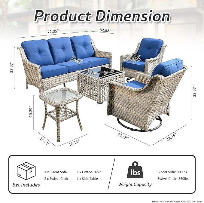 Patio Conversation Set,5 Pieces Wicker Patio Furnitures with Swivel Chair and Coffee Table,All Weather Patio Furniture Set for Garden,Backyard,Poolside and Patio,Navy Blue