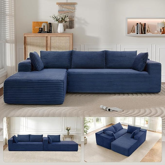 Cloud Sectional Couch, 105” Fluffy Modular L-Shape Sofa with Right Chaise Lounge, Modular Sectional Sofa in a Box, Boneless Couch for Living Room, No Assembly Required, Flannel Blue
