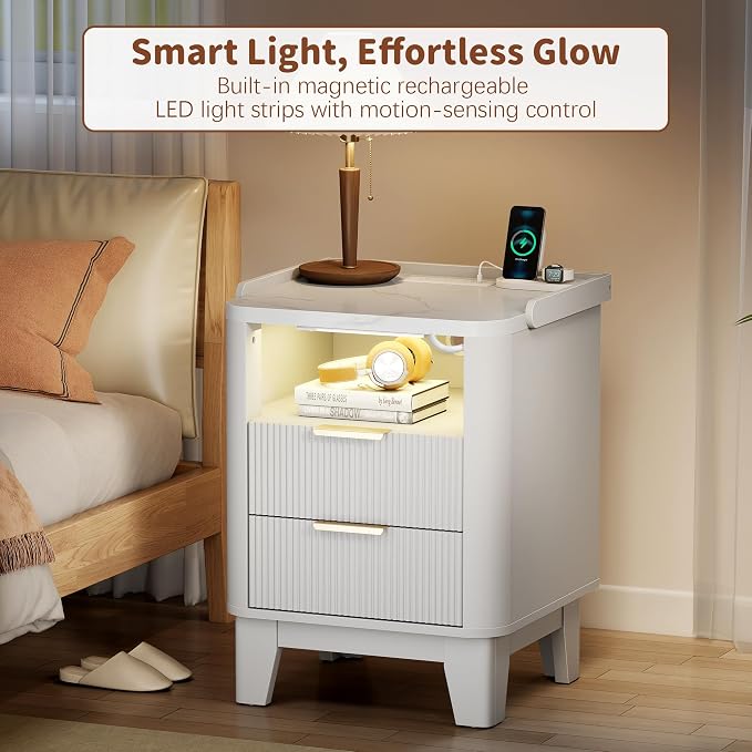 Baoz Fluted Nightstand with Charging Station,LED Smart End Table with 2 Storage Drawers and Open Shelf, Curved Profile Design Natural Wood Bedside Table for Bedroom (White) - Image 4