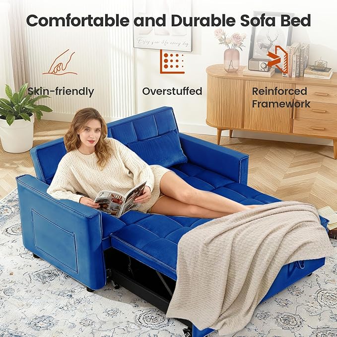 3 in 1 Sofa Bed, Love Seat Sleeper Bed with Side Pockets, Velvet Fabric Pull Out Couch with Adjustable Backrest for Living Room, Bedroom, Apartment, Blue
