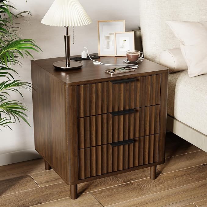 Fluted Nightstand with Charging Station, Multifunctional 3 Drawers Storage Bedside Table, Solid Wood Modern Nightstand, Curved Profile Design, End Table for Indoor Room Bedroom Office, Walnut by CozyMine