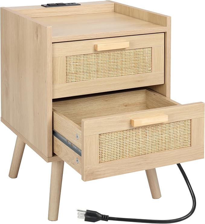 Finnhomy Nightstand with Charging Station, Bedside Table with 2 Hand Made Rattan Decorated Drawers, Night Stand with Storage for Bedroom, Natural - Image 6