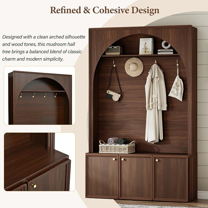LUMISOL Entryway Hall Tree with Storage Bench, Arched Coat Rack with 4 Golden Hooks, Adjustable Shelves, and 3 Cabinets, Walnut - Image 3
