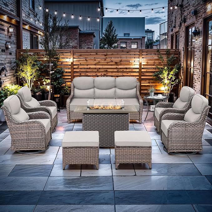 Luxury High Back Outdoor Furniture with 6-inch Extra Thick Cushions, Patio Furniture Set with Fire Pit Table & Swivel Chairs, 9 PCS Wicker Conversation Set for Yard, Deck, Poolside, Brown/Beige