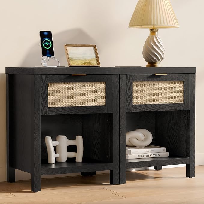 SICOTAS Black Nightstands Set of 2 with Charging Station - Rattan Night Stand with Drawer, Modern Bedside Table with USB and Type-C Ports, Bed Side Tables for Bedroom, Black Oak, 2 PCS by SICOTAS