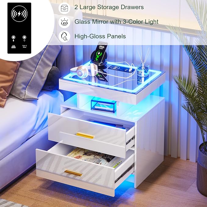 HNEBC Auto LED Nightstand Set of 2, White Night Stand with Charging Station & USB Ports, High Gloss Bedside Table has 2 Drawers,Modern End Side Table for Bedroom (White) - Image 8