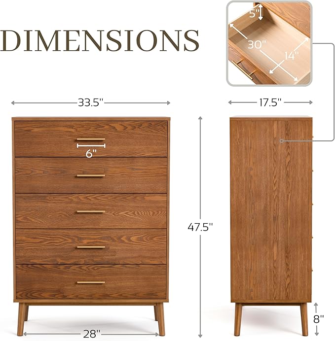 Furniture of America Wyatt Modern Solid Wood Bedroom Collection with Queen Bed Frame, Nightstands, Dresser with Mirror, Chest, No Box Spring Needed, Walnut, Boucle Platform, 6-Piece Set