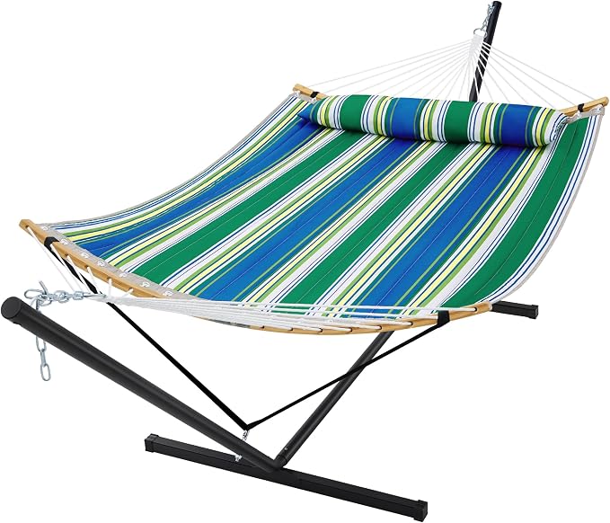 SUPERJARE Curved-Bar Hammock with Stand, 2 Person Heavy Duty Hammock Frame, Detachable Pillow & Portable Carrying Bag, Perfect for Outdoor & Indoor, Green Bold Stripe by SUPERJARE