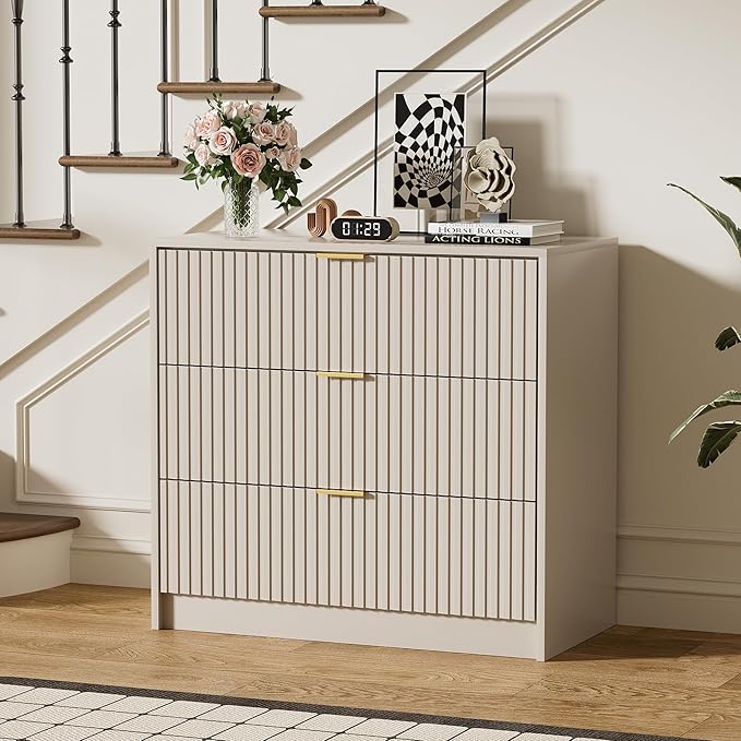 Furniway Beige Dresser Bedroom Set 3 Pieces, Nightstands Sets of 2, 5 Drawer Dresser with Gold Handles for Bedroom