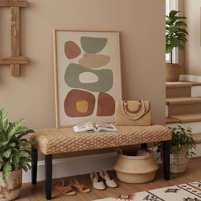 Solid Wood Acacia Indoor Bench with Natural Woven Seat, Boho Bench Entryway, Wood Bench for Living Room, Wooden Bench for Bedroom, Farmhouse Entryway Bench, Dining Benches (Black, Water Hyacinth) by AVCONNECT