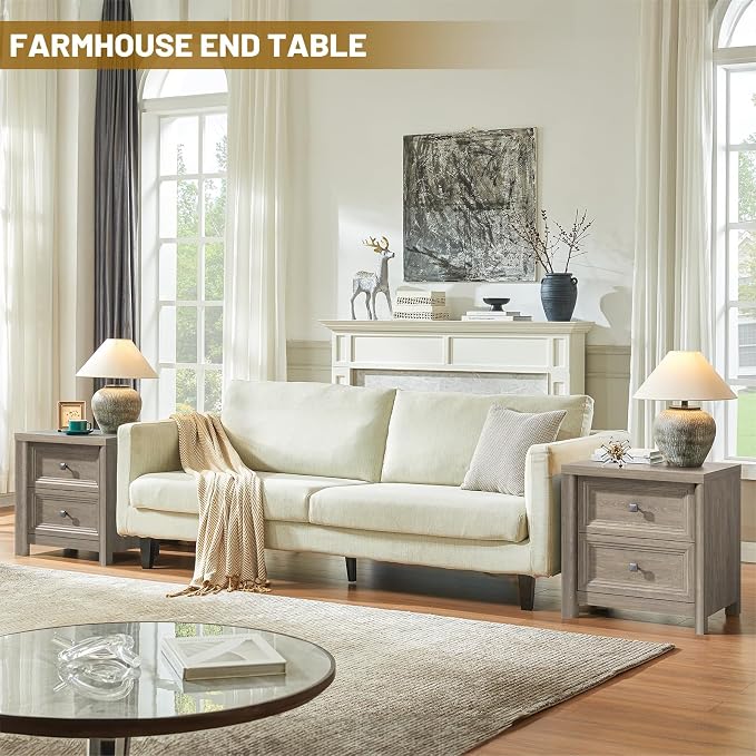 Grey Nightstand Rustic Wood Night Stand for Bedroom Living Room Sofa Couch, Farmhouse Nightstand with 2 Drawers, 22.8” Wide Large Bed Side Table, Bedside End Table with Metal Knob, Gray Color - Image 7