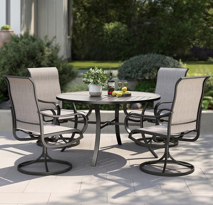 PHI VILLA 5 Piece Outdoor Patio Dining Set with 4 Swivel Dining Chairs & 1 Large Round Dining Table, Gray Textilene Mesh Fabric Chair and Round Metal Table for All Weather Deck Lawn Garden by PHIVILLA