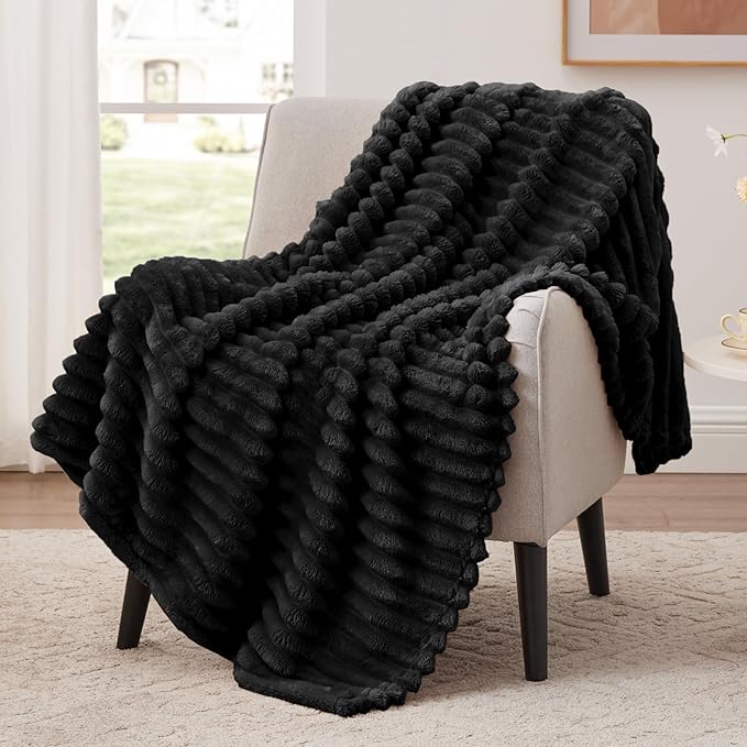 EXQ Home Fleece Throw Blanket for Couch or Bed - 3D Stripe Jacquard Decorative Blankets - Cozy Soft Lightweight Fuzzy Flannel Blanket Suitable for All Seasons(50"??60",Black)