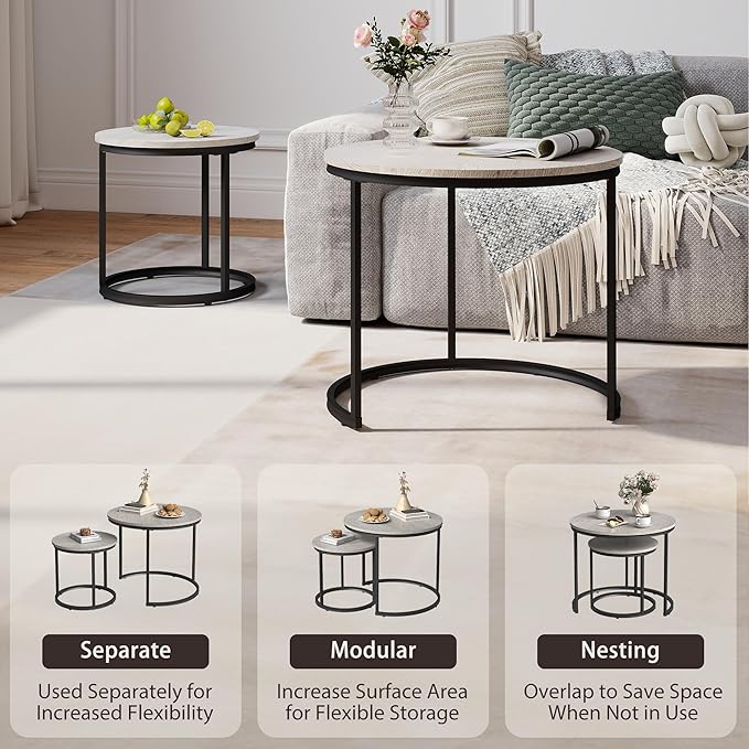 Nesting Tables Set of 2, Wood Grain Grey Round Coffee Table, Small Nesting Coffee Table with Adjustable Non-Slip Fee, Wood Grain Top Nesting Tables for Living Room, Bedroom