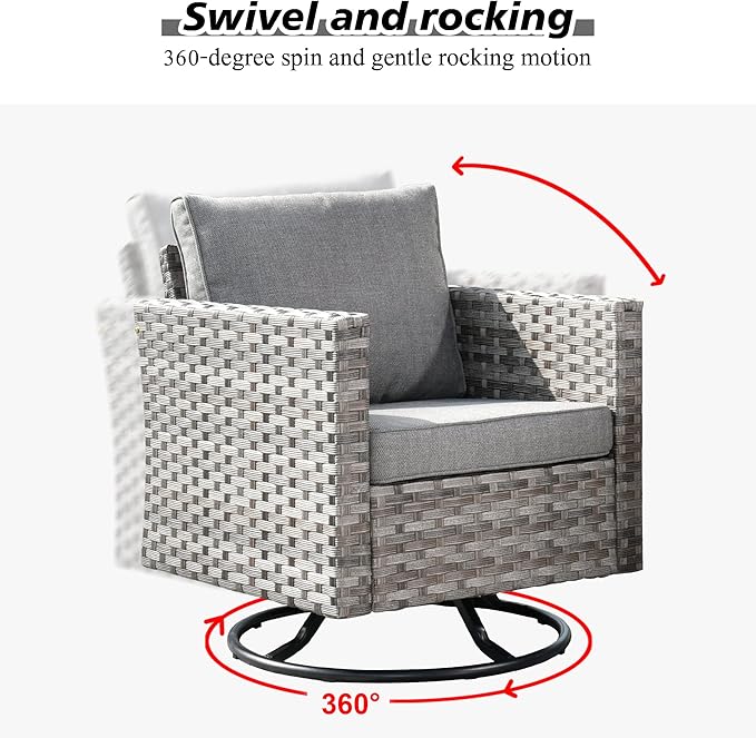 HOOOWOOO 9 Piece Modular Patio Outdoor Sectional Furniture Set with Large Propane Fire Pit Table,Wicker Conversation Sofa Set with Swivel Chairs,Outside Couch Set(Dark Grey)