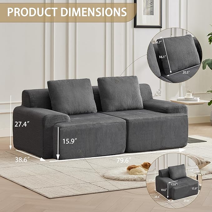 Modular Sectional Sofa with Movable Ottoman, 2 Seat Deep Seat Couch with 2 Pillow, Comfy Cloud Sectional Sofa for Living Room, Bedroom and Apartment (Grey, 1 Left+1 Right)