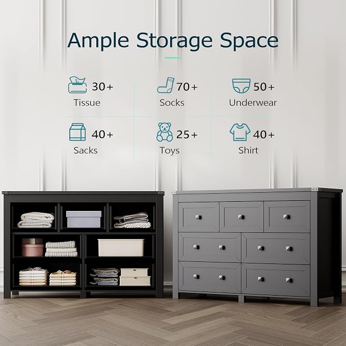 7 Drawer Dresser for Bedroom, Farmhouse Wood Chest of Drawers, Wide TV Stand Closet Storage Furniture with Metal Handle, Modern Wooden Clothes Organizer for Hallway, Living Room, Entryway, Black - Image 4