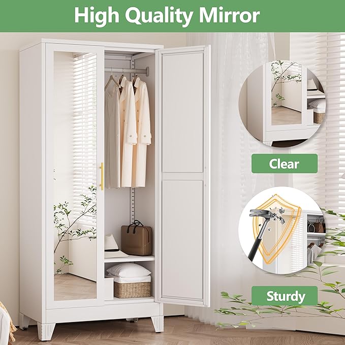 Ckzbx 71" H Metal Armoire Wardrobe Closet with Mirror, Adjustable Shelve, Clothes Drying Pole, Steel Wardrobe Cabinet for Bedroom (White)