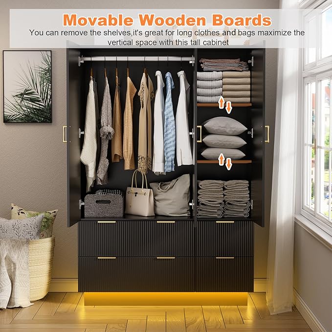 PAKASEPT Large Wardrobe Closet, Armoire Closet with Door and Mirror, LED Lights, Hanging Rod, Drawers, Armoires and Wardrobes for Bedroom (Black)