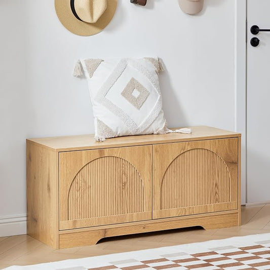 BERRYMERRY 39.4" Fluted Shoe Storage Bench for Entryway,2 Tier Shoe Cabinet Bench with Adjustable Shelf,Bench for Bedroom End of Bed (Natural, 13.8”D x 39.4”W x 18.5”H) by BERRYMERRYFURNITURE