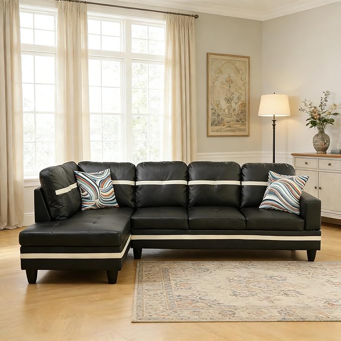 103.5 Inch Modern L-Shaped Couch, PU Leather Sectional Sofa with Chaise Lounge, 4-Seater Couch with Accent Pillows for Living Room, Apartment, Black and White