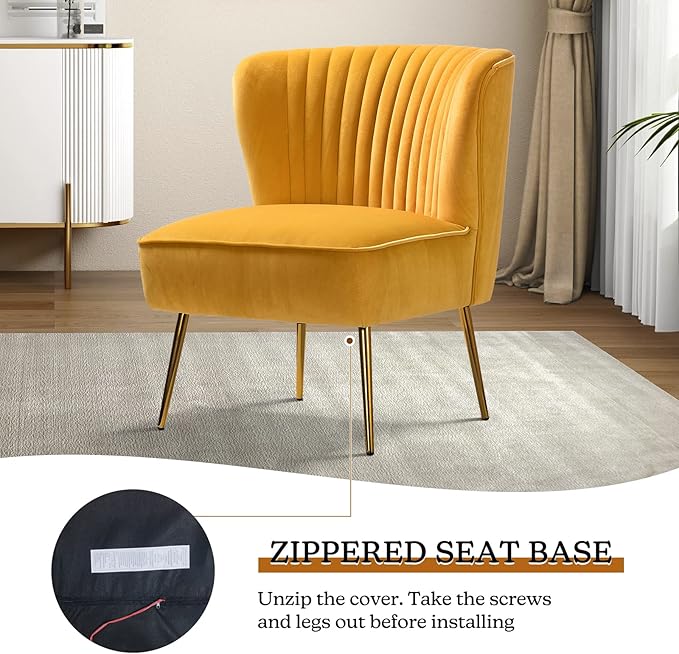 HULALA HOME Velvet Accent Chair, Modern Upholstered Cute Side Chair with Gold Metal Legs, Armless Wingback Slipper Chair Comfy Living Room Chair for Bedroom Guest Room Vanity, Mustard