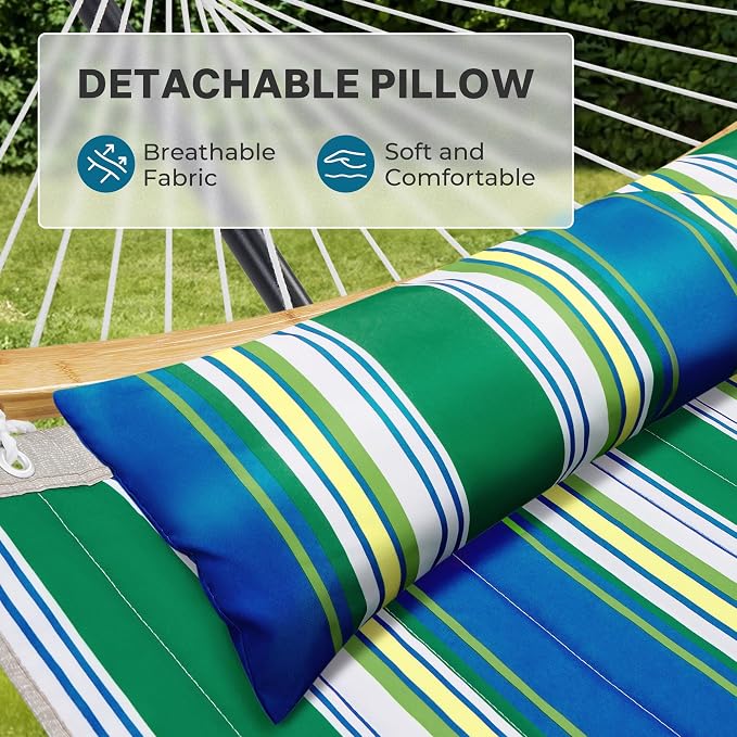 SUPERJARE Curved-Bar Hammock with Stand, 2 Person Heavy Duty Hammock Frame, Detachable Pillow & Portable Carrying Bag, Perfect for Outdoor & Indoor, Green Bold Stripe - Image 3