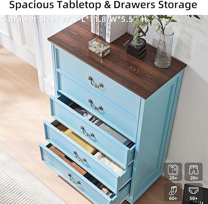 Joaxswe 24" Wide Farmhouse Nightstand Set of 2, 45" Tall Rustic Chests of 5 Drawers w/ 4 Solid Wood Feet, Farmhouse Furniture Series for Living Room,Bedroom,LightBlue
