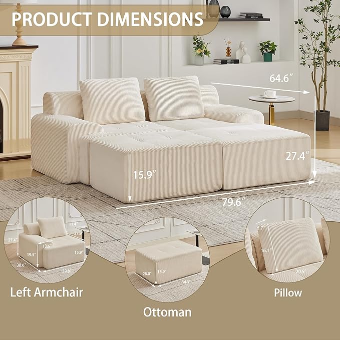 Modular Sectional Sofa with Movable Ottoman, 2 Seat Deep Seat Couch with 2 Pillows, Comfy Cloud Sectional Sofa for Living Room, Bedroom and Apartment (White, 1 Left+1 Right+2 Ottoman)