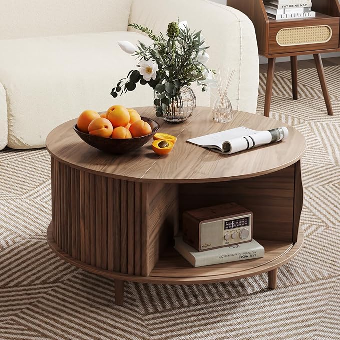 Round Coffee Table with Storage, 31.5" Walnut Wood Drum Table, Fluted Circle Center Table for Living Room, Modern Mid Century Furniture with Sliding Door