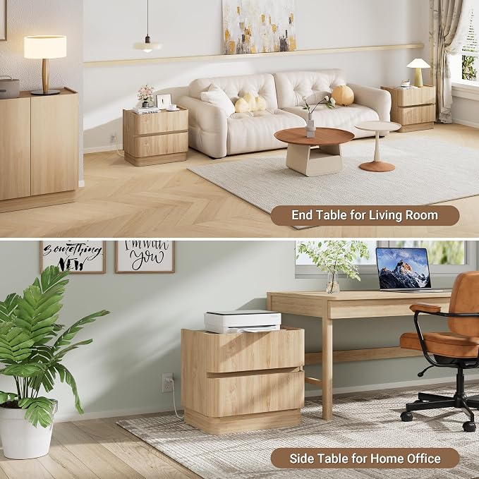 Night Stand Set 2, 23" Wide Nightstands Set of 2, Handleless 2 Drawer Nightstand with Charging Station, Large Wooden End Table, Modern Bedside Table for Bedroom, Rounded Corners,Natural Oak - Image 6