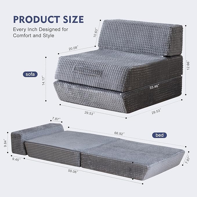 Futon Sofa Bed,Sleeper Chair - Convertible Sectional Sleeper Sofa, Floor Bed Mattress for Guest Bed,Removable Zippered Back Support, Perfect for Living Room and Bedroom (Gray)