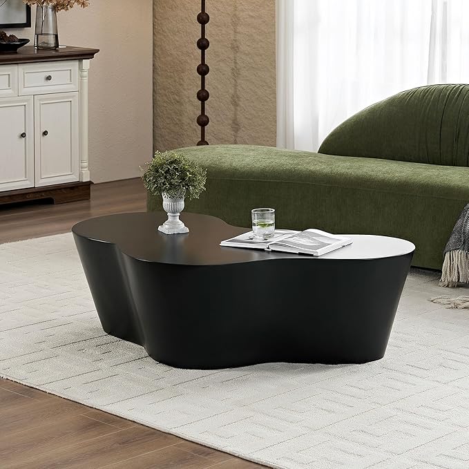 50" Coffee Table Modern Irregular Center Table Fiberglass Sturdy Table for Living Room, No Need Assembly Black