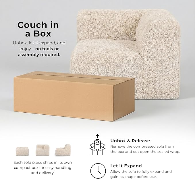 Furniture of America Havyn Modern Faux Fur 6-Seater Modular Foam Sofa Bed with Ottoman, Compressed Couch in a Box, No Assembly Required, for Living Room and Office, Black
