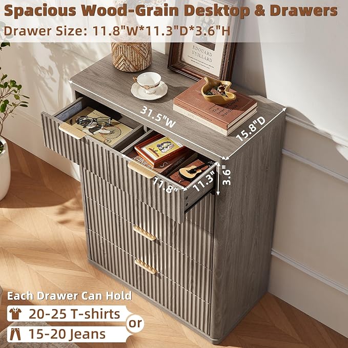 LEYAOYAO 42" Tall Fluted Dresser and 2 Drawers 23" Nightstand Set of 2, Wooden Dresser & Night Stand with Charging Station, 3 Piece Bedroom Furniture Set, Wood Chest of Drawer for Living Room,Grey