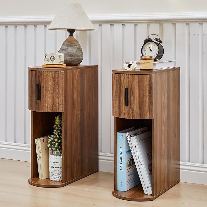 Narrow Nightstand Set of 2, Fluted Small Night Stand, Slim Curved Storage End Table with Drawer, Mid Century Modern Wooden Bedside Cabinet for Bedroom,Small Spaces, Walnut by JanmerHome