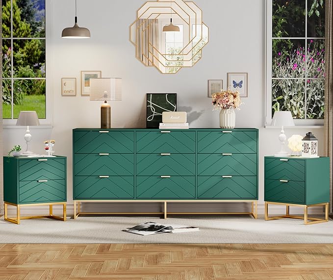 Anbuy 9 Drawer Dresser and Nightstand Sets for Bedroom, Night Stand Set of 2 & 9 Drawer Dresser with Gold Handles, 3 Pieces Bedroom Sets, Morden Wood Chest of Drawers Storage Cabinet Set, Green