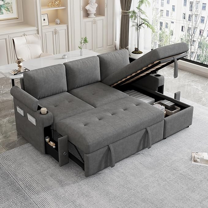 Eafurn 83.5" Sleeper Sectional Sofa with Pull Out Couch Bed, Convertible L-Shaped Sofa with Storage Chaise, Quick Assemble Sleeper Corner Sofa with Cup Holders & USB Ports
