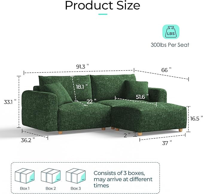 LINSY HOME Cloud Couch Sectional, Modular Sofa Sectionals for Living Room Bedroom, 91" L Shape Love Seat Couch with Ottoman, 2 Seater Deep Seat Cozy Couch Luxury Chenille Sofas, Green