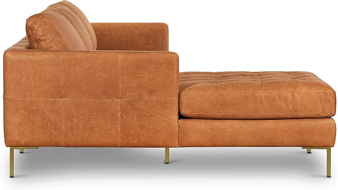 Poly & BARK Calle Left-Facing Sectional in Full-Grain Pure-Aniline Italian Tanned Leather in Cognac Tan and Brass Legs
