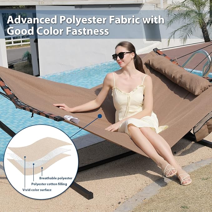 TegerDeger 12FT 2 Person Hammock Large Hammock 450LB Capacity with V Shaped Hardwood Spreader Bar & Nylon Rope for Outside, Patio, Garden, Backyard, Beach, Poolside - Brown - Image 5