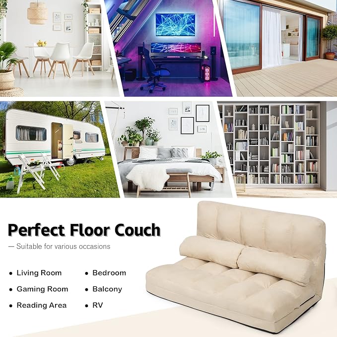 KOMFOTT Adjustable Floor Sofa Bed, Foldable Lazy Sofa Sleeper with 6 Position Backrest & 2 Pillows, Convertible Futon Couch with Suede Cloth Cover, Lounge Recliner for Living Room